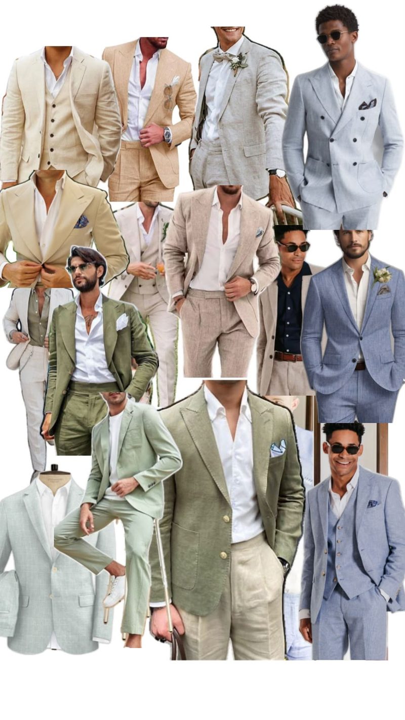 Fatos masculinos em linho bege, verde-oliva e azul claro